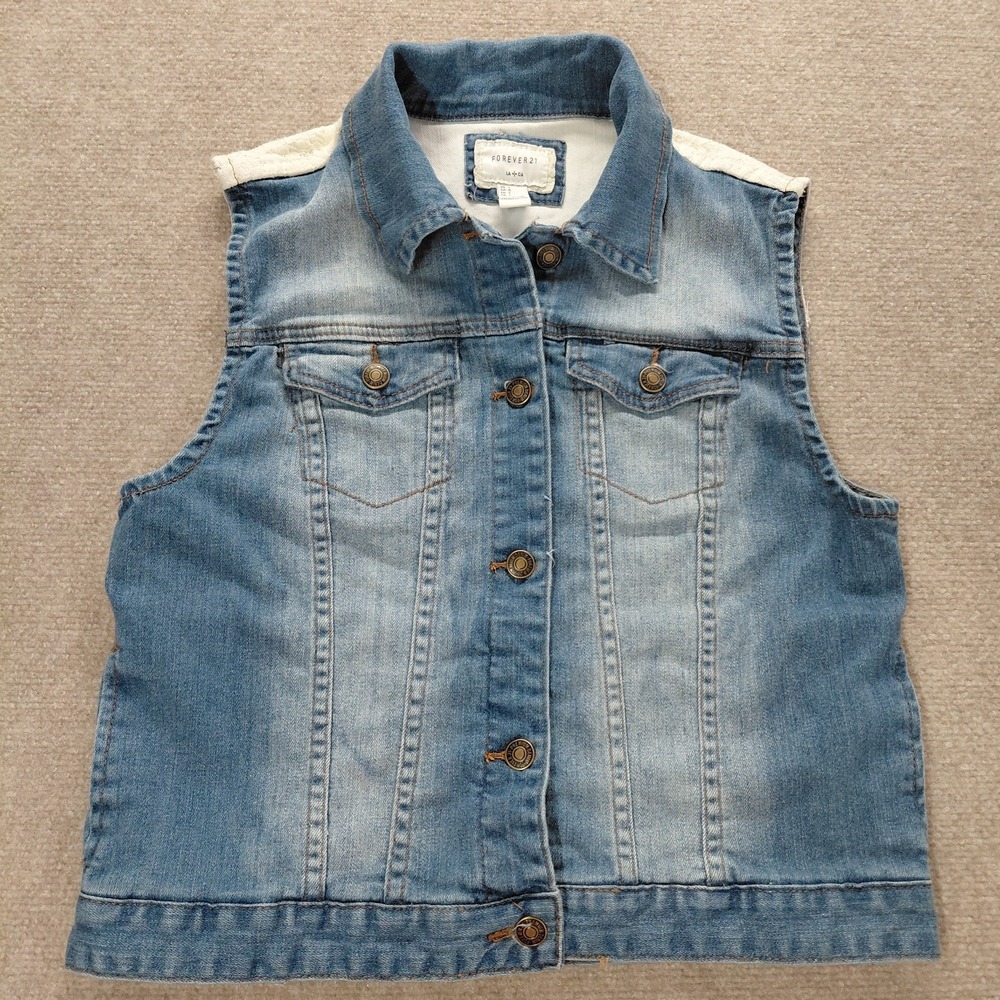 Forever 21 Denim Button Up Vest Womens LARGE Cream Lace Back Cottagecore Boho